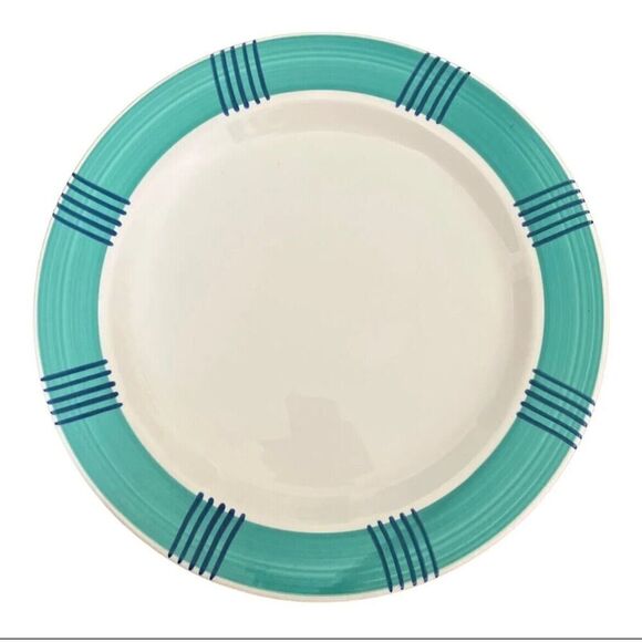 Pier 1 Dinner Plate Full Set X6 Green Band Blue Stripes Serveware Decor Dining - Picture 9 of 12